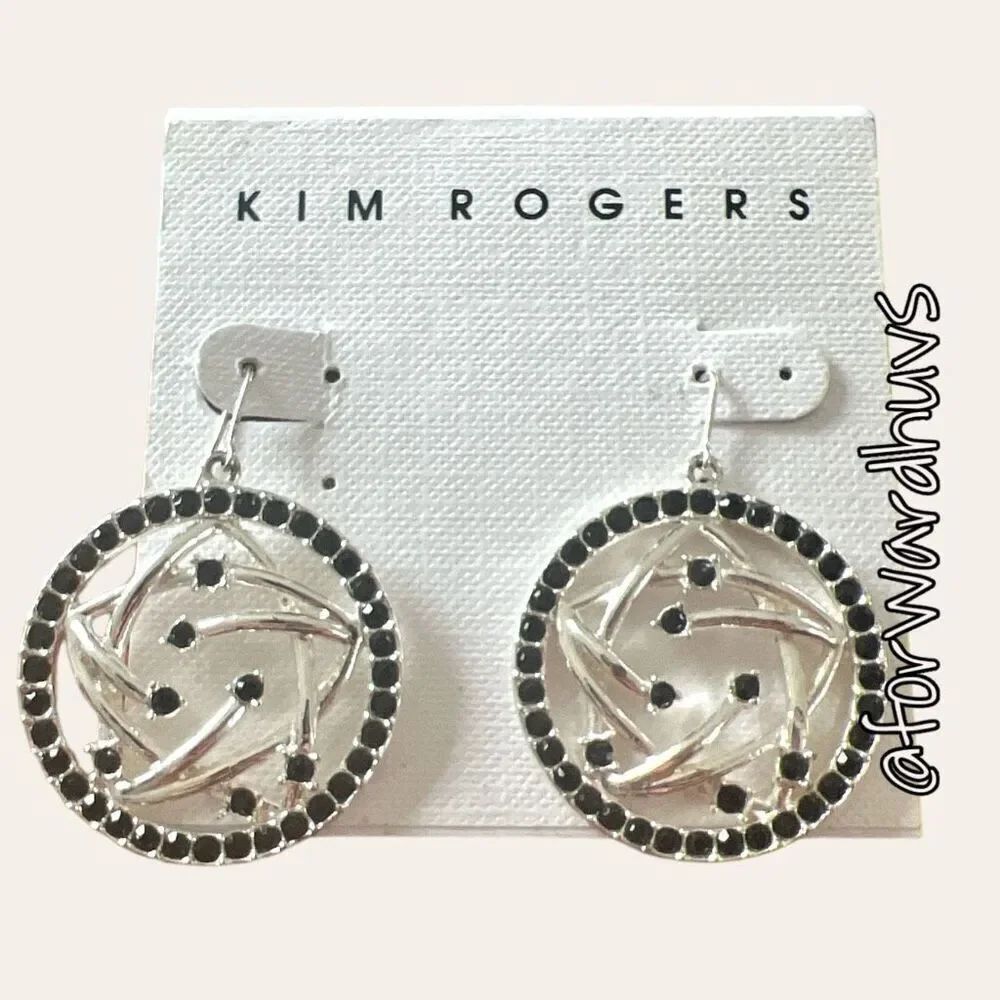 Stylish Silver Tone Kim Rogers Earrings with Black Rhinestone Embellishments NWT